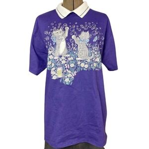 Vintage Purple Kittens Polo Shirt Womens (L) Grandmacore‎ Cottage USA Coquette